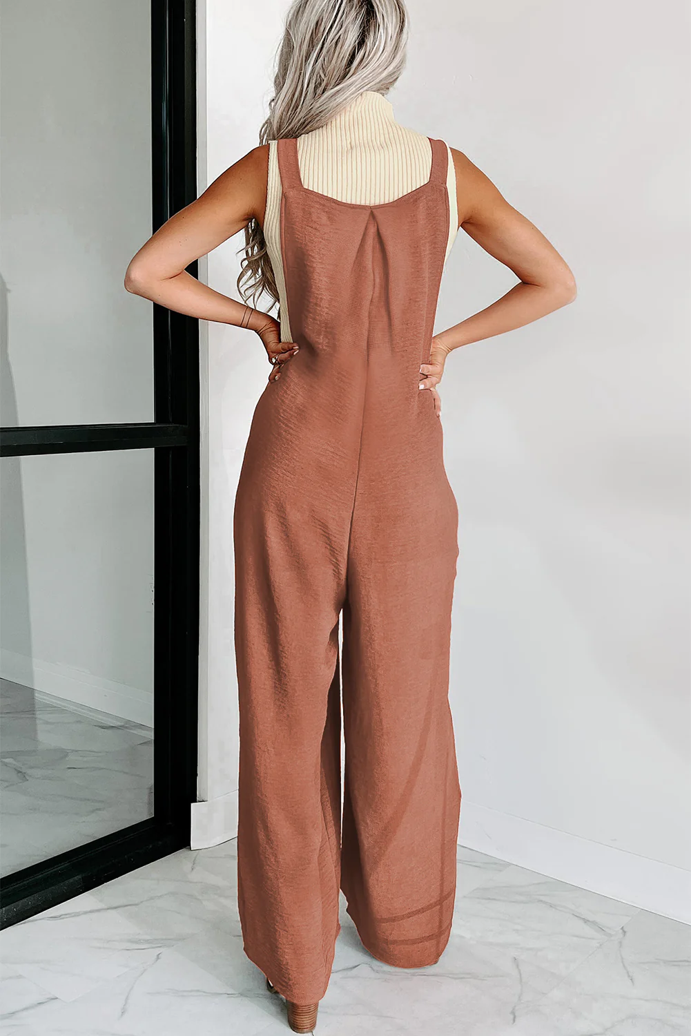 Textured Buttoned Straps Ruched Wide Leg Jumpsuit