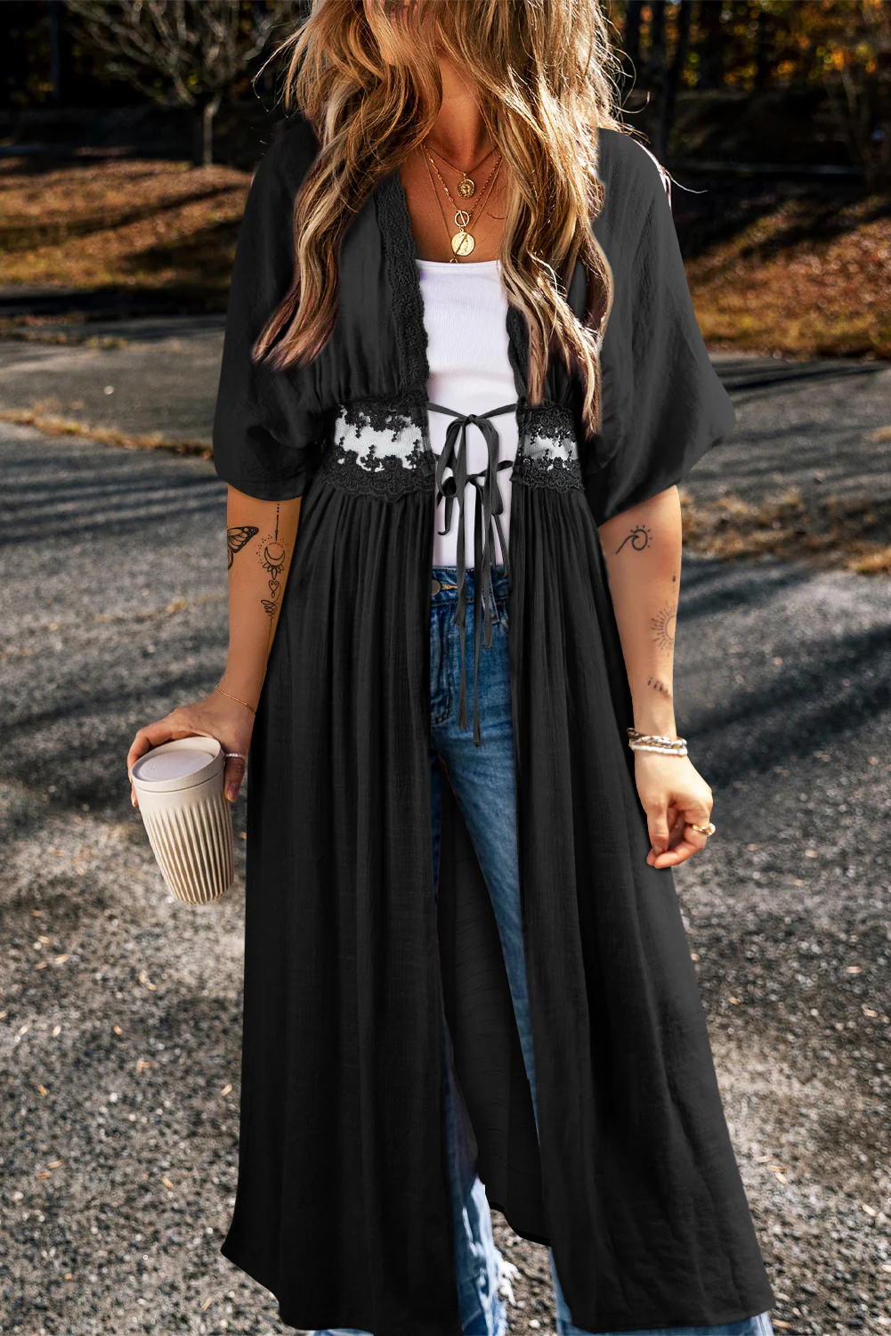 Light Pink Lace Splicing Open Front Maxi Kimono