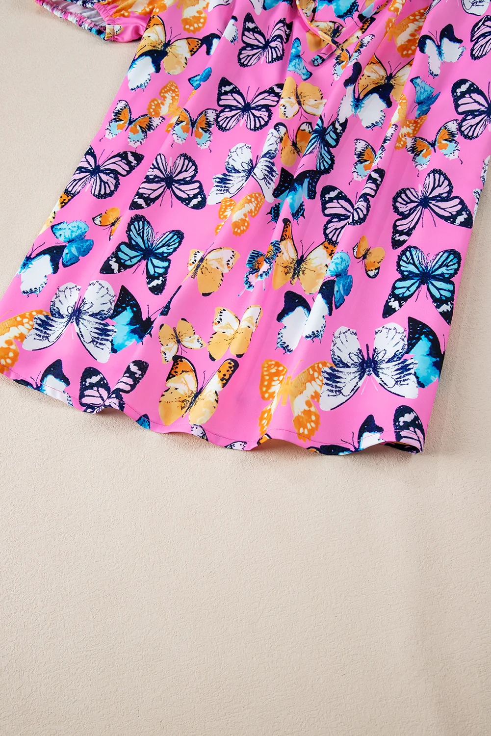 Butterfly Print Ruffled Puff Sleeve Tied V Neck Blouse