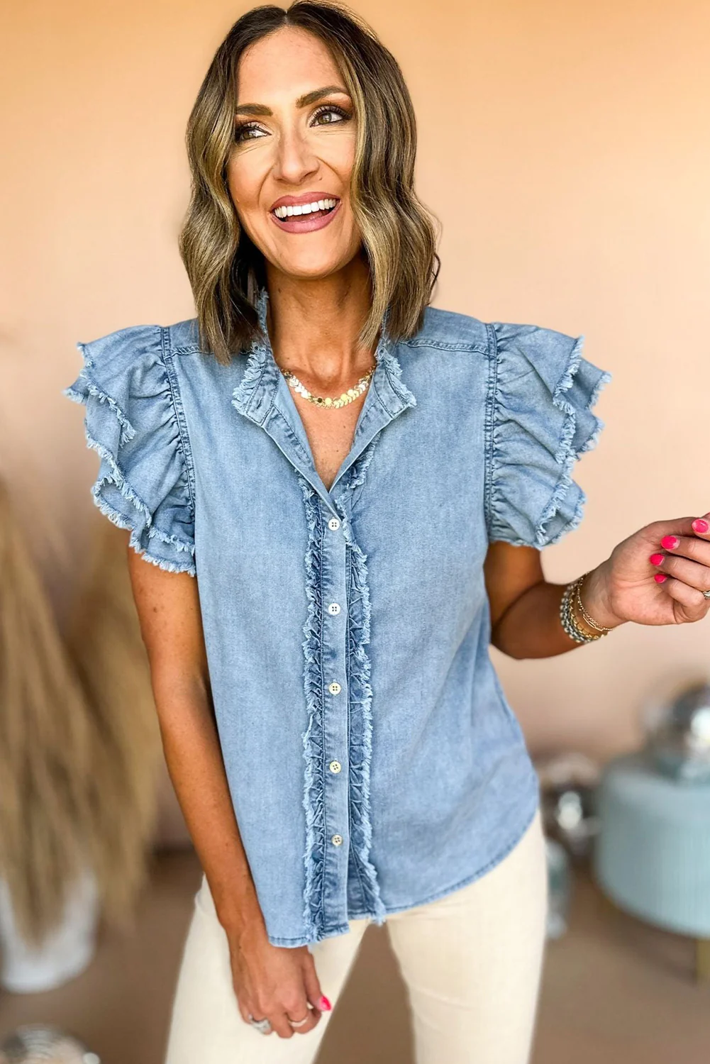 Button Front Ruffled Flutter Frayed Denim Top