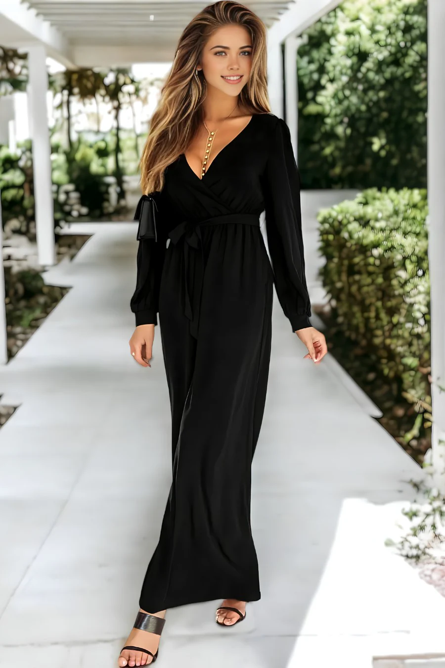Cutout Back Belted V Neck Wide Leg Jumpsuit