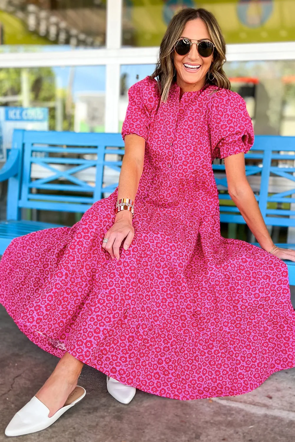 Flower Mock Neck Puff Sleeve Tiered Maxi Dress