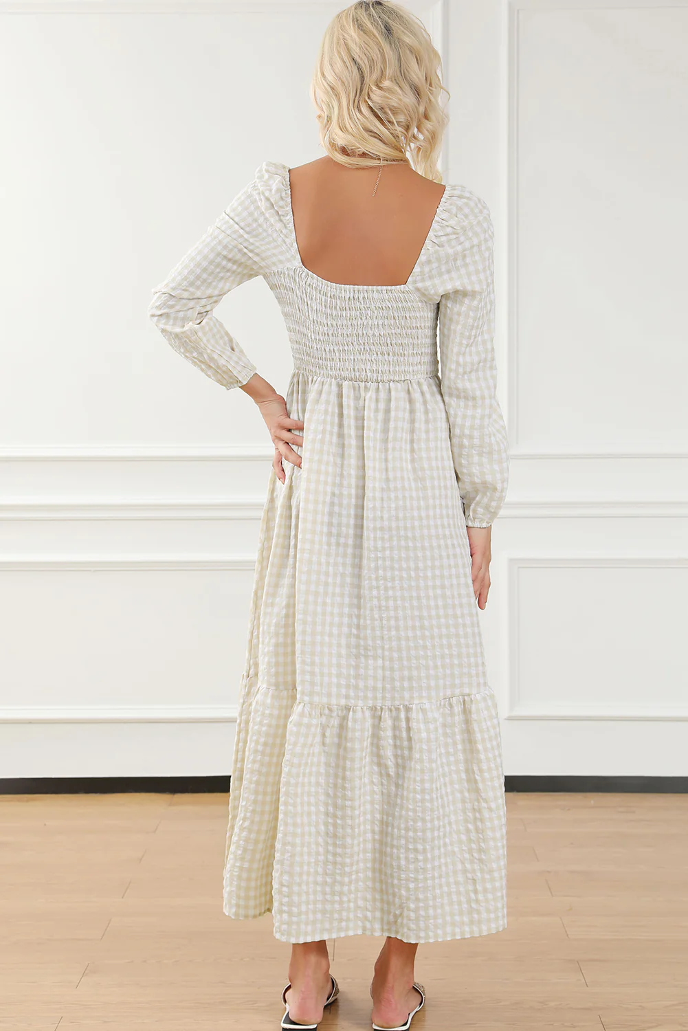 Plaid Ruffled Sleeve Smocked Maxi Dress