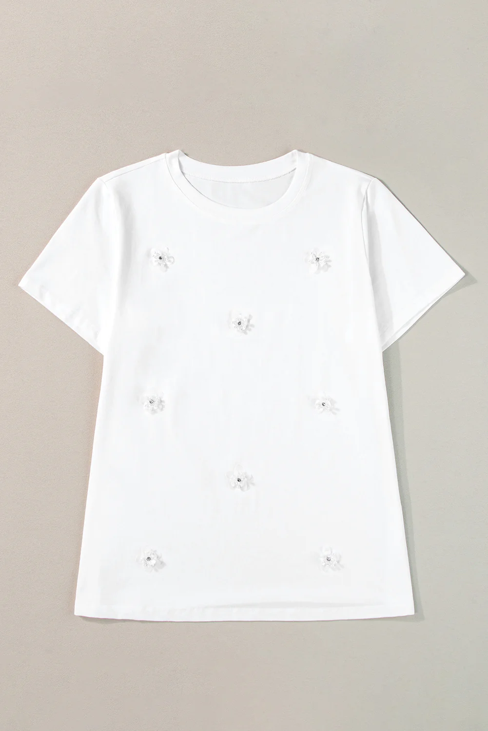 White Flower Applique Round Neck T-shirt