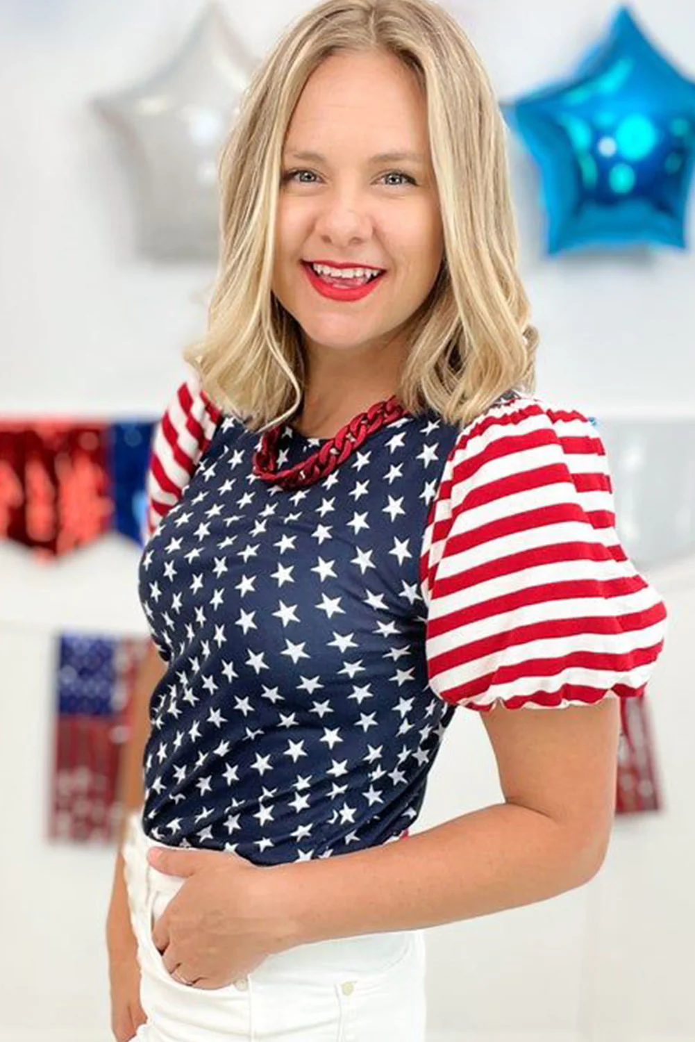 4th Of July Stars Stripes Puff Sleeve T Shirt