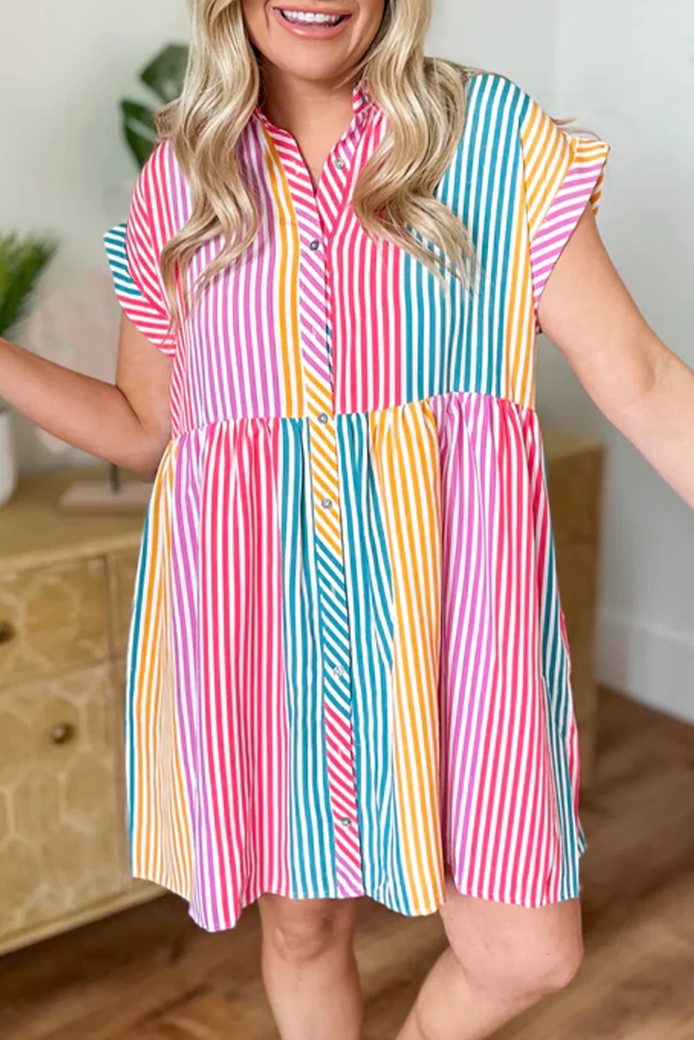 Colorblock Striped Short Sleeve Buttoned Shirt Dress
