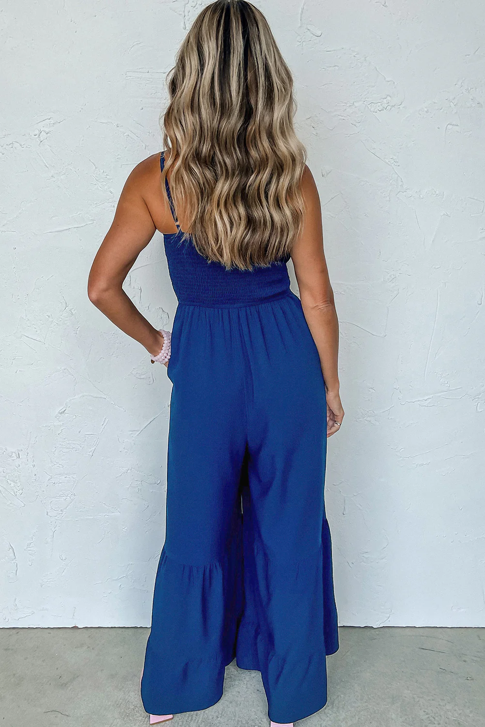 Spaghetti Straps Smocked Ruffled Wide Leg Jumpsuit
