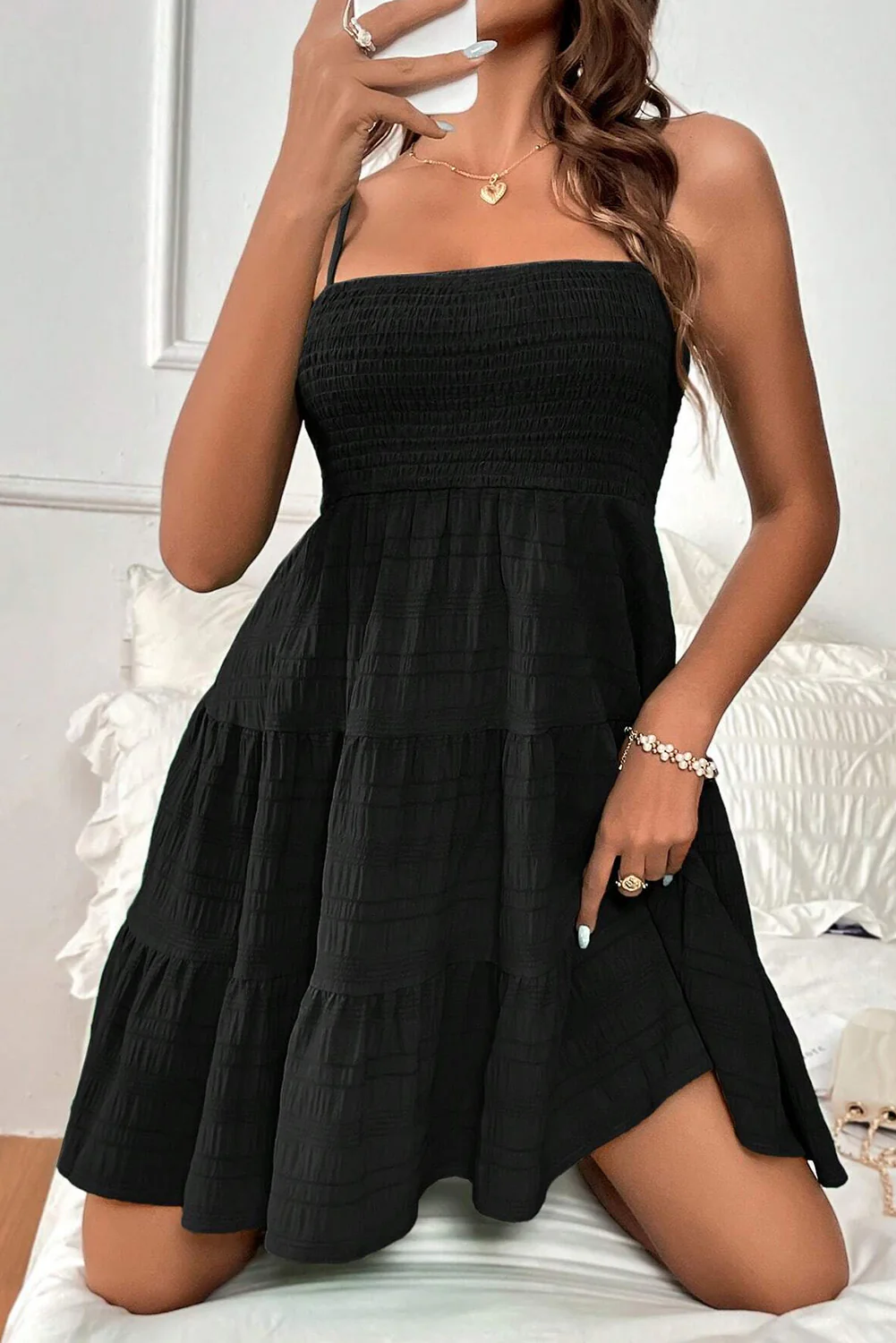 Smocked Textured Tiered Skater Dress