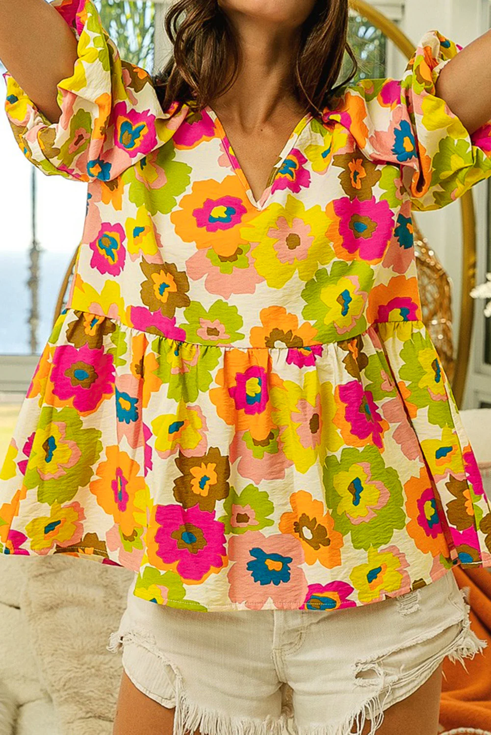 V Neck Puff Sleeve Summer Blouse