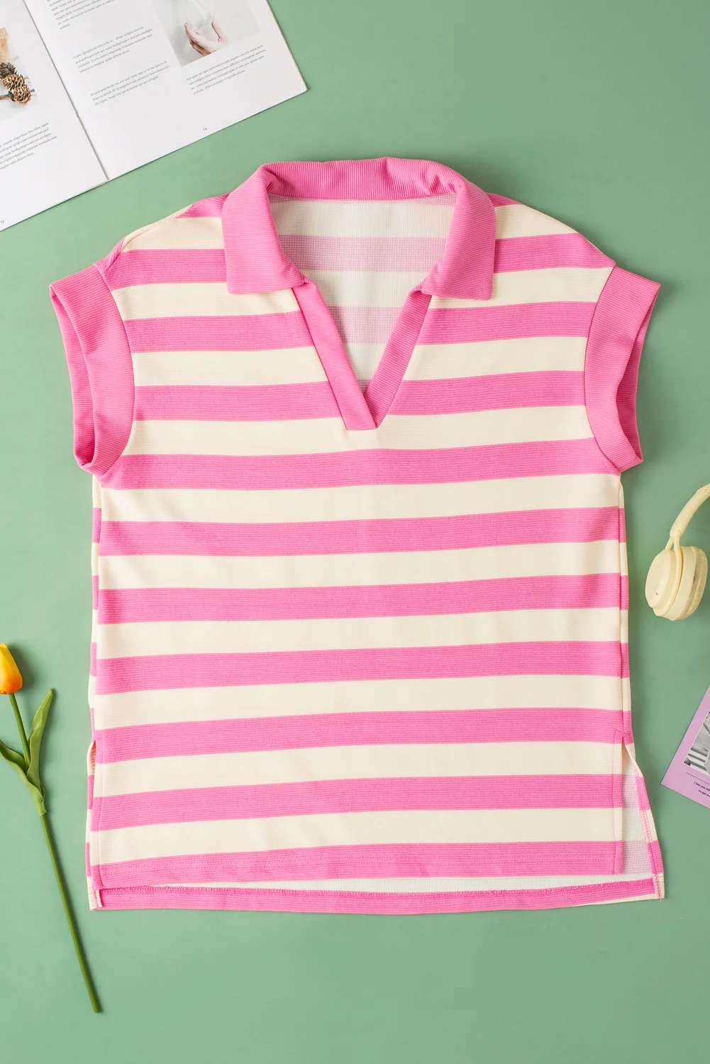 Stripe V Neck Collared Cap Sleeve Top