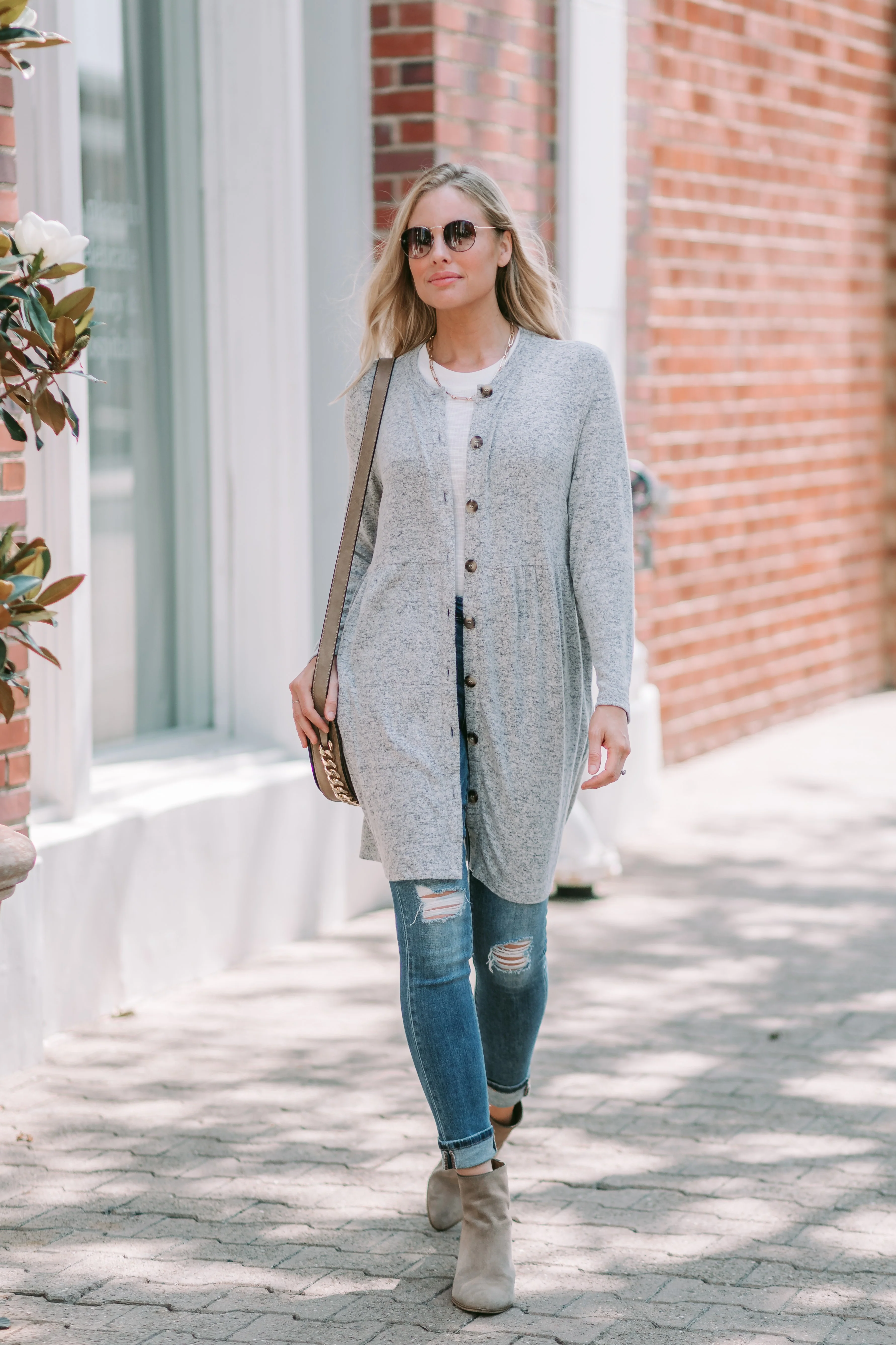 Heather Grey Shirred Waist Cardigan