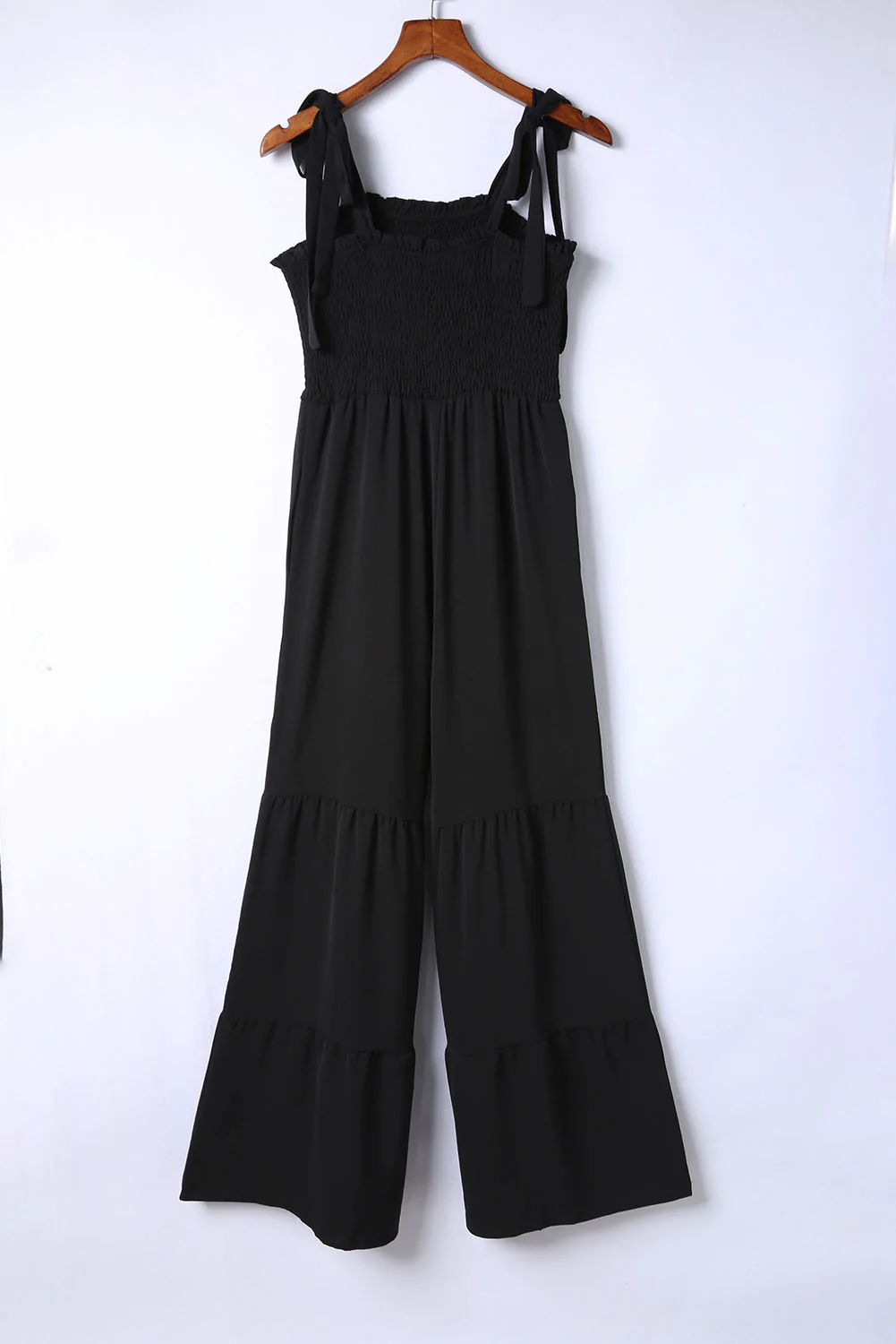 Tie Straps Shirred Bodice Tiered Wide Leg Jumpsuit