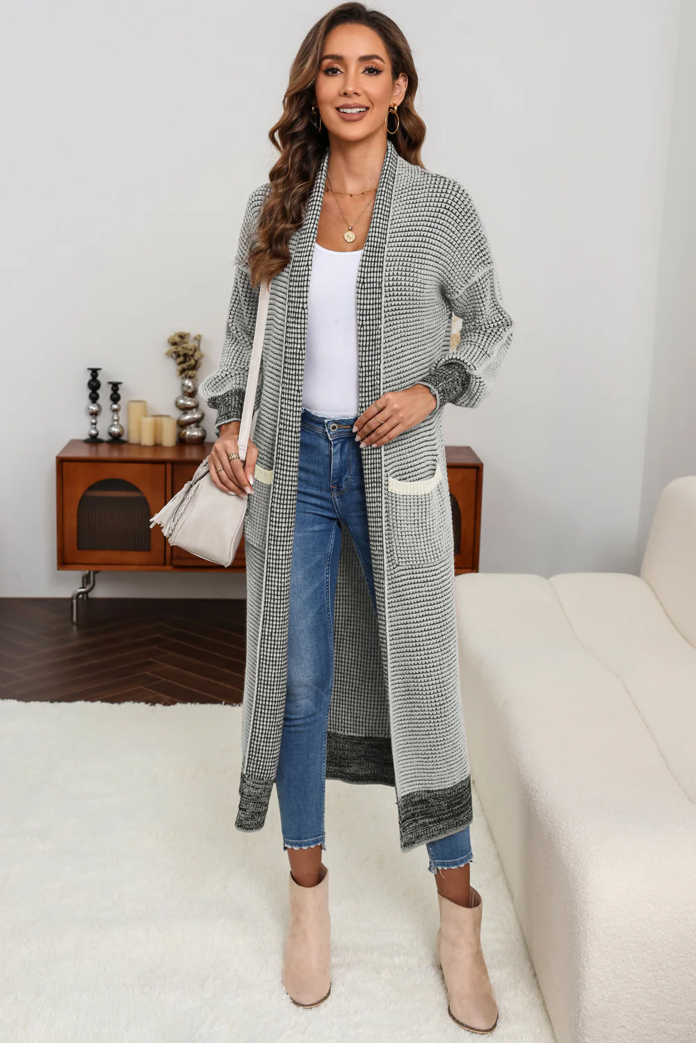 Textured Knit Pocketed Duster Cardigan