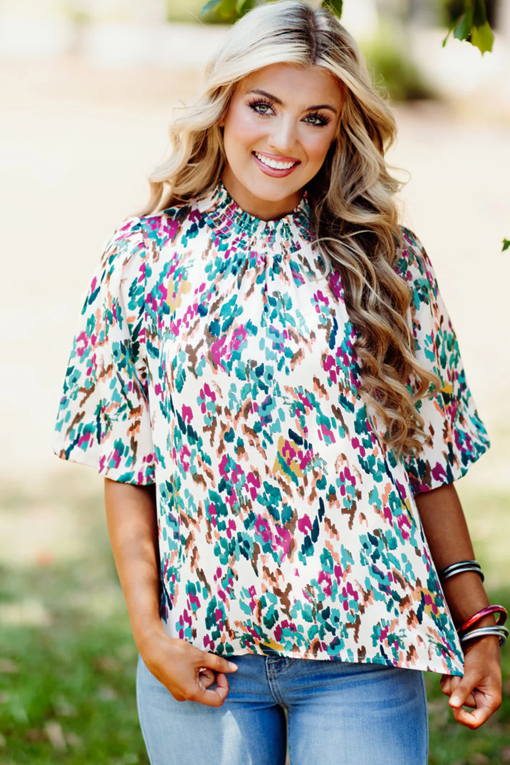 Print Puff Sleeve Mock Neck Blouse