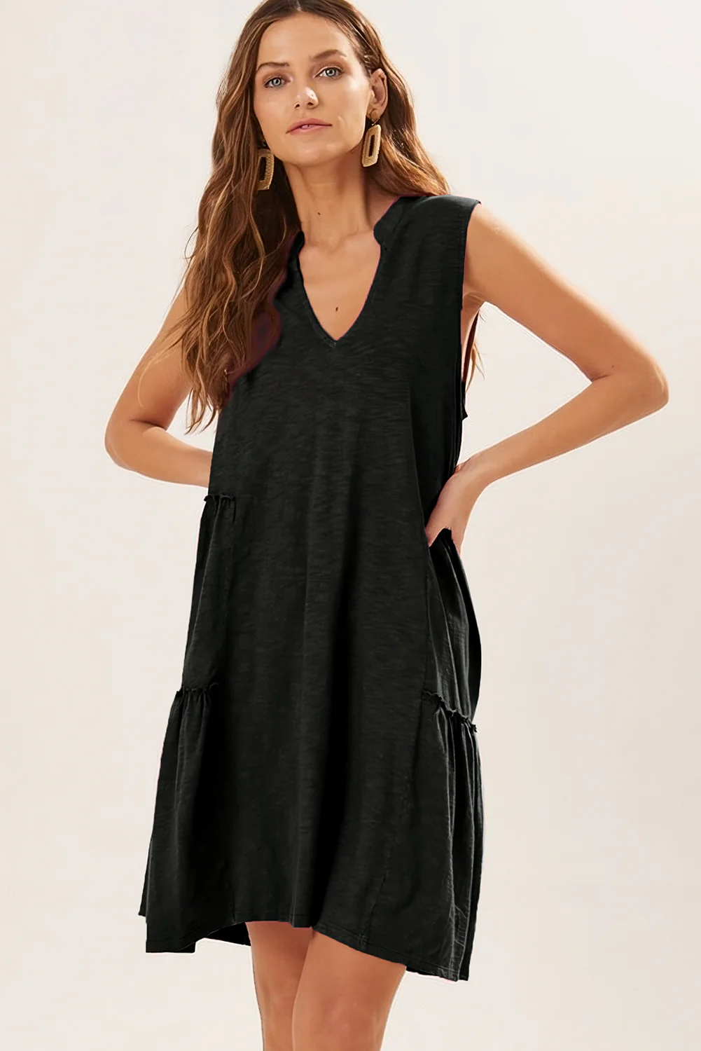 Split V Neck Tiered Flowy Sleeveless Dress