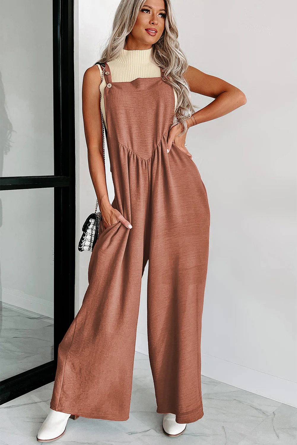 Textured Buttoned Straps Ruched Wide Leg Jumpsuit