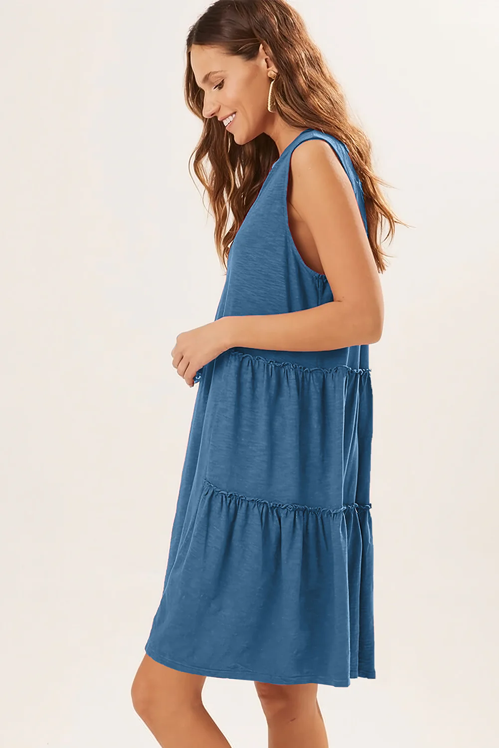 Split V Neck Tiered Flowy Sleeveless Dress