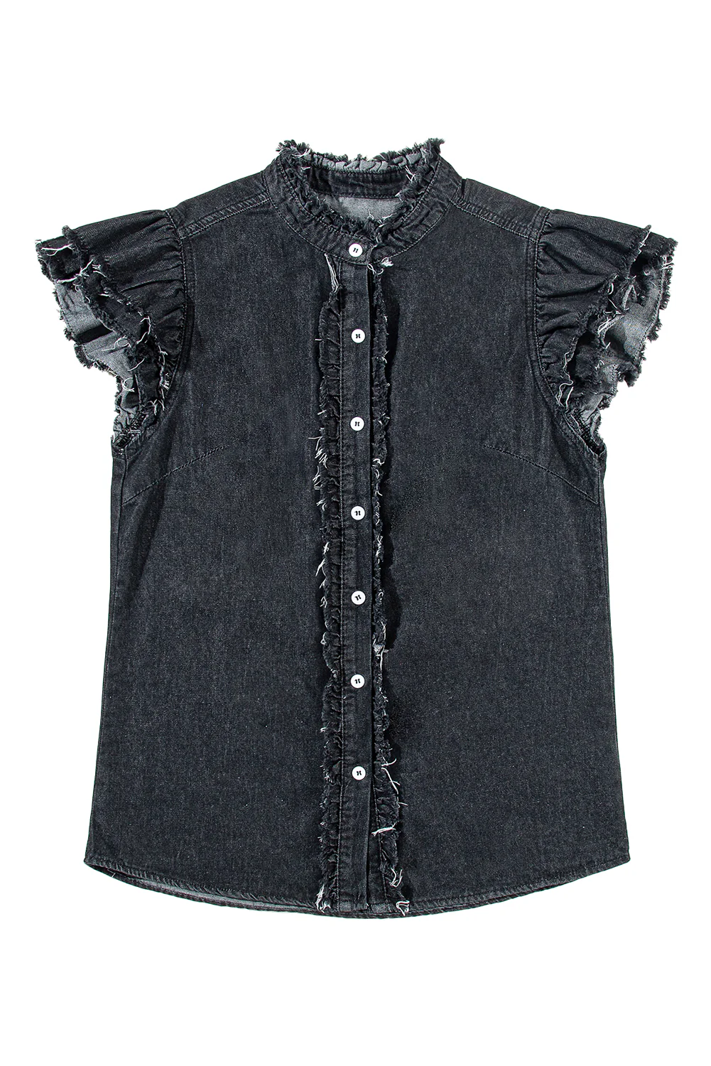 Button Front Ruffled Flutter Frayed Denim Top