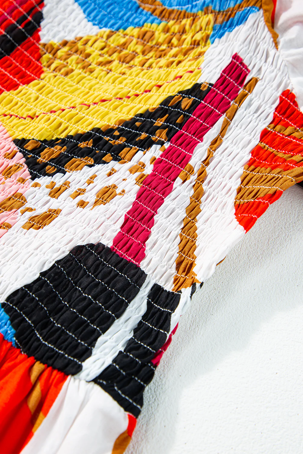 Square Neck Smocked Abstract Print Boho Maxi Dress