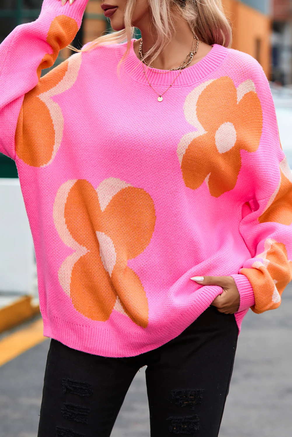 Big Flower Pattern Drop Shoulder Sweater