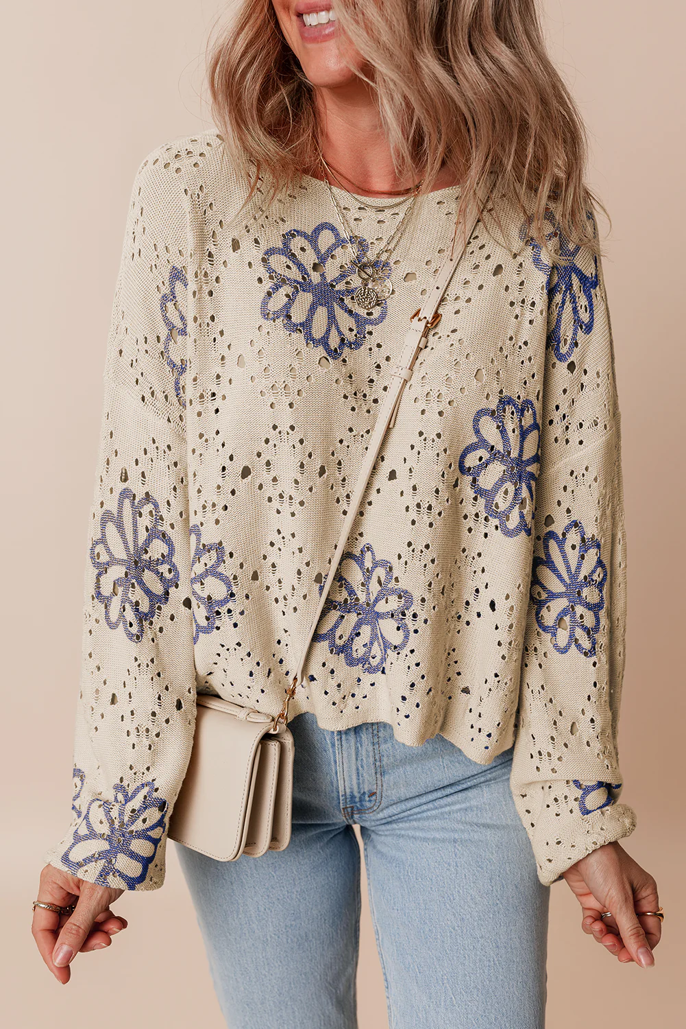 Flower Print Eyelet Drop Shoulder Sweater