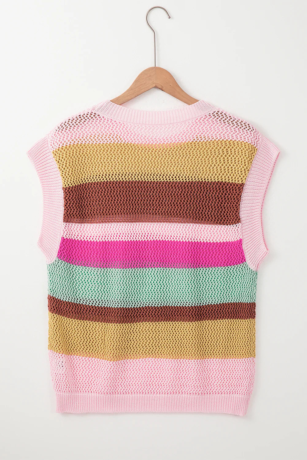 Pink Stripe Crochet Cap Sleeve Loose Fit Sweater T Shirt