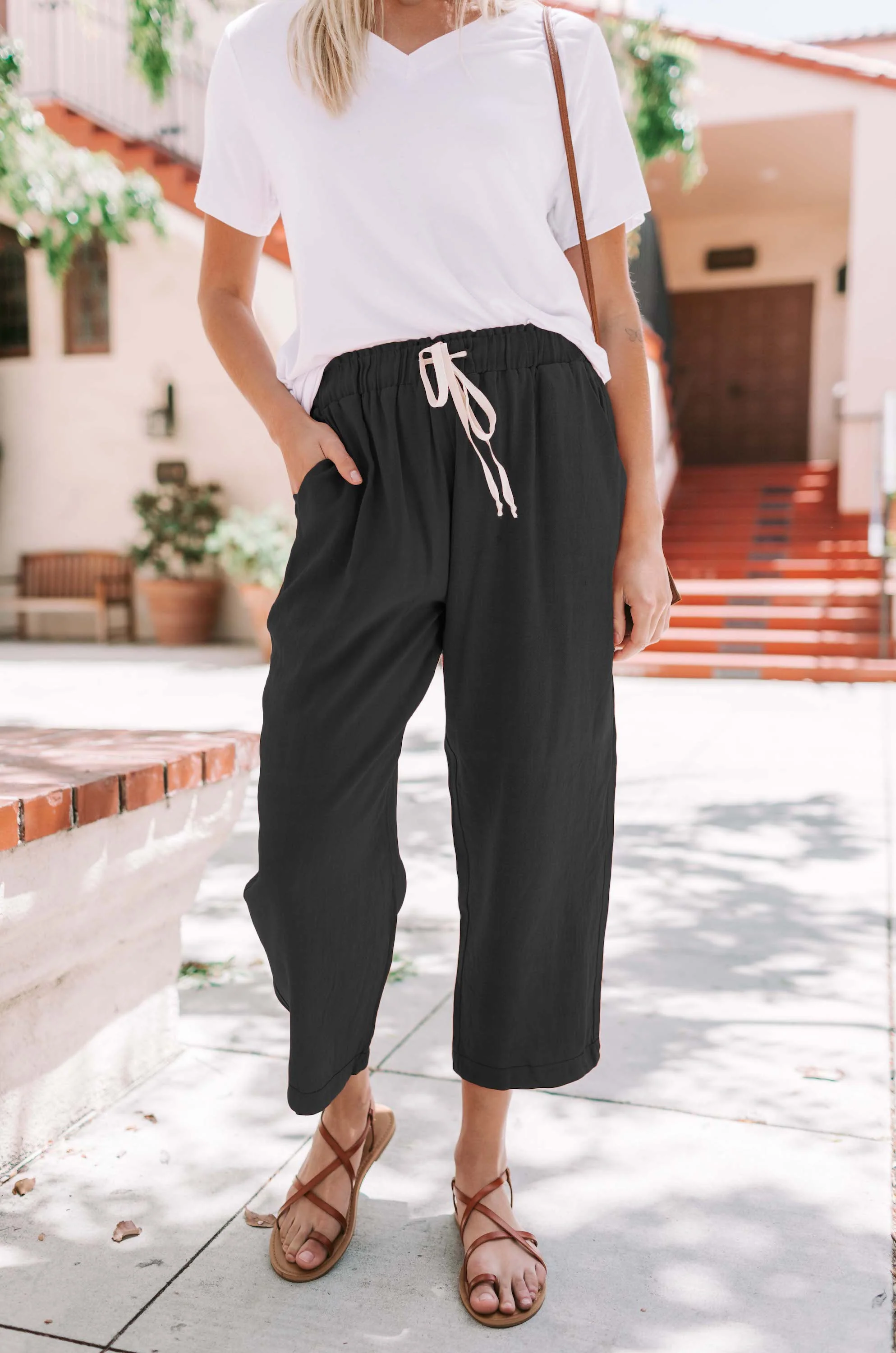 Solid Elastic Breathable Waist Cropped Lounge Pant