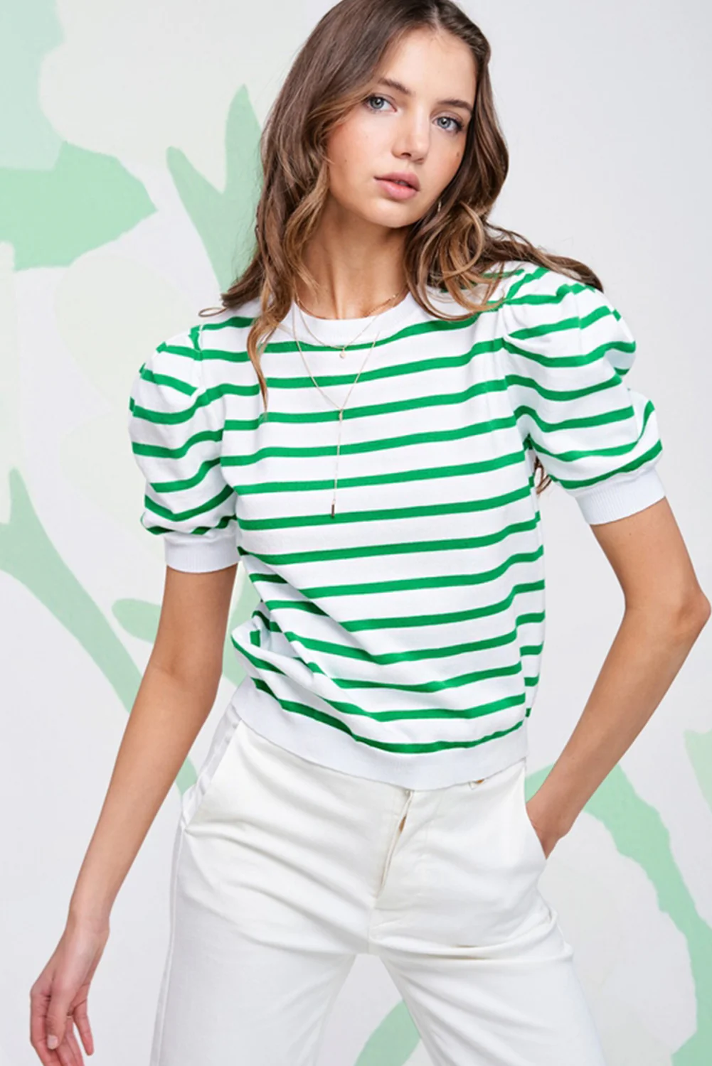 Stripe Puff Sleeve Elegant T-shirt