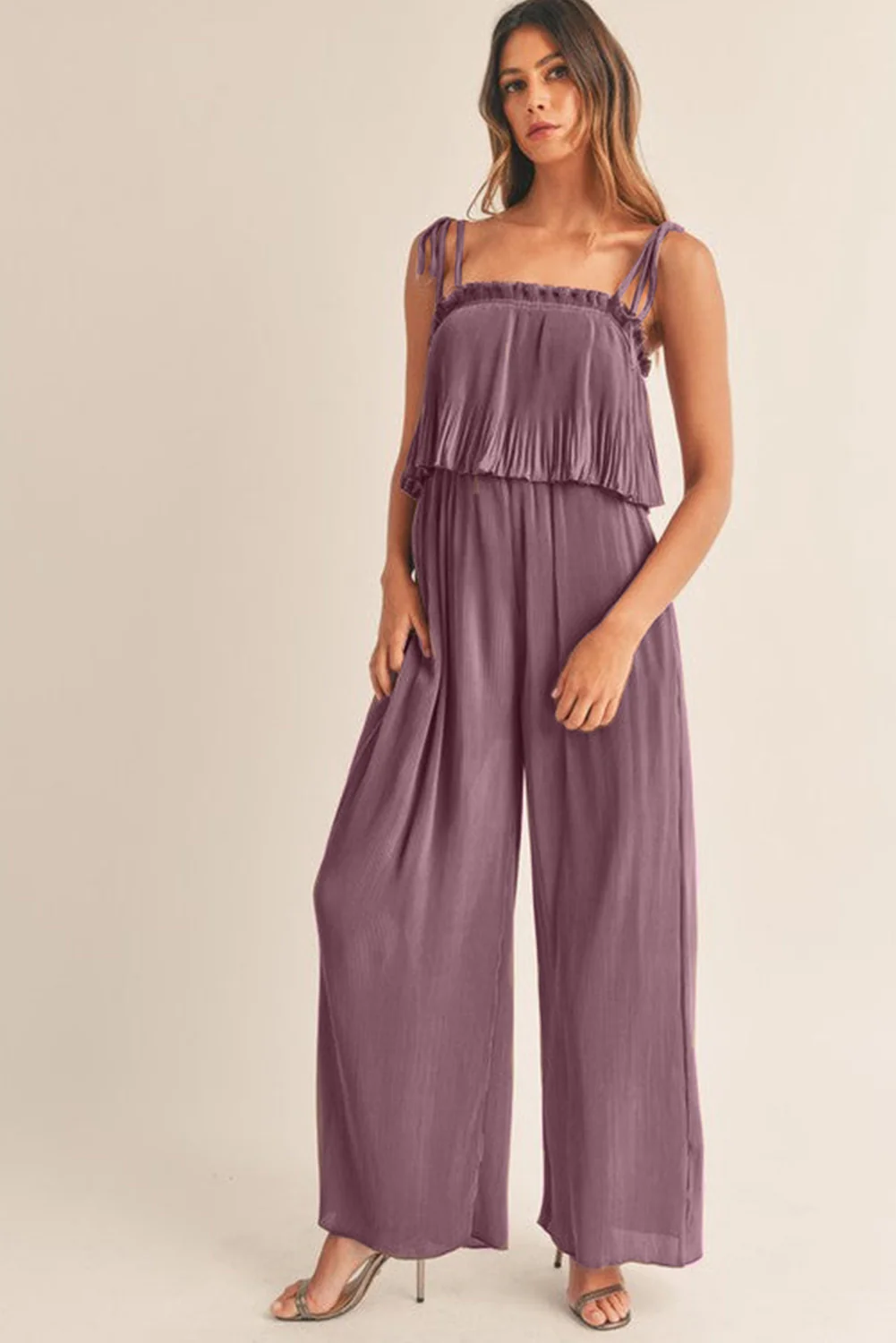 Solid Self Tied Straps Pleated Wide Leg Jumpsuit