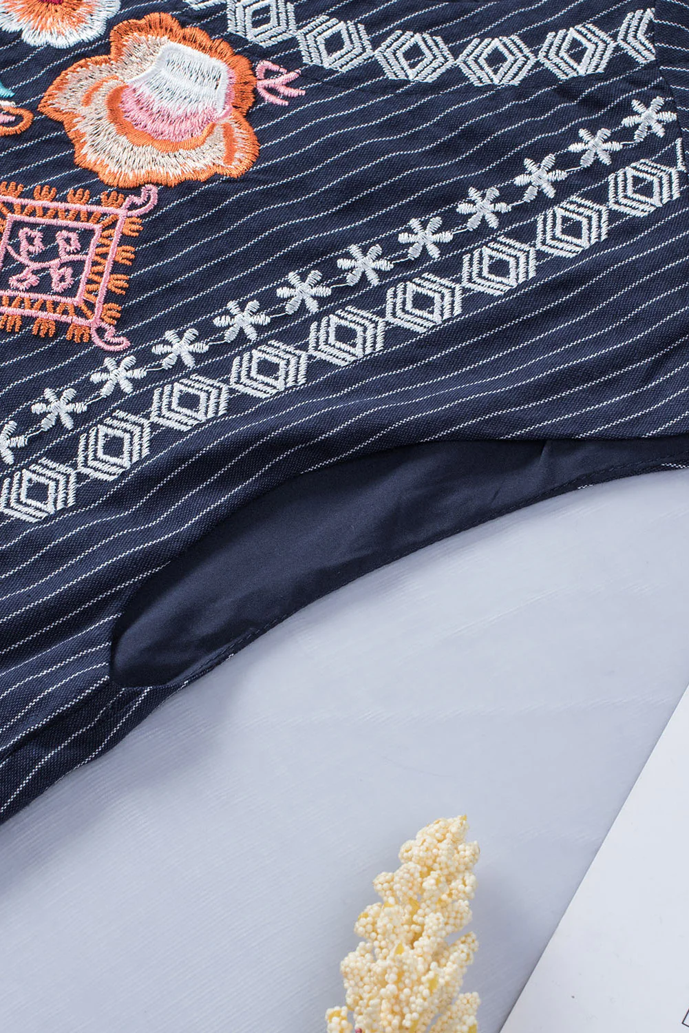 Gray Embroidered Striped Print Sleeveless Mini Dress