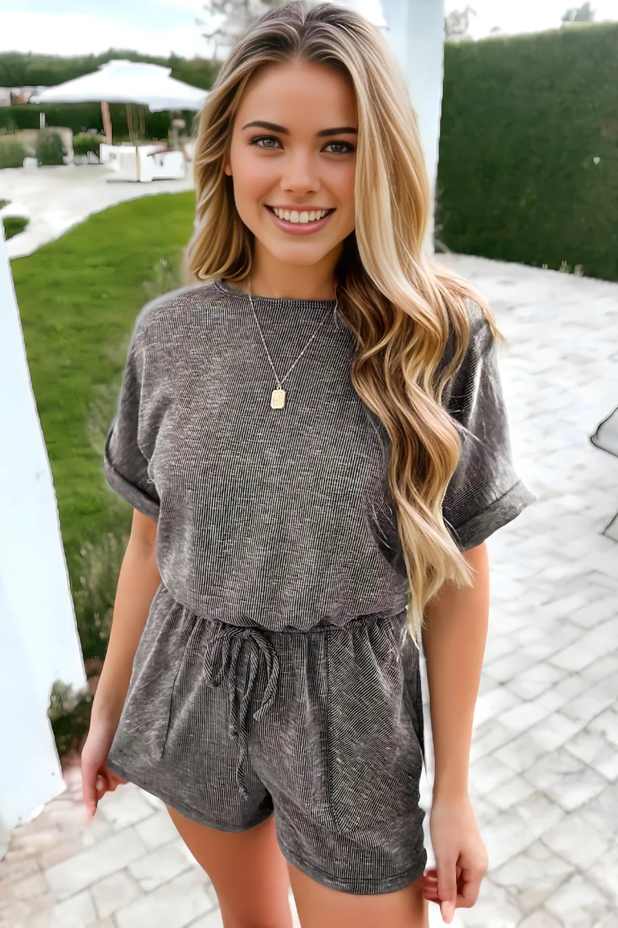 Ribbed Elastic Waist Romper