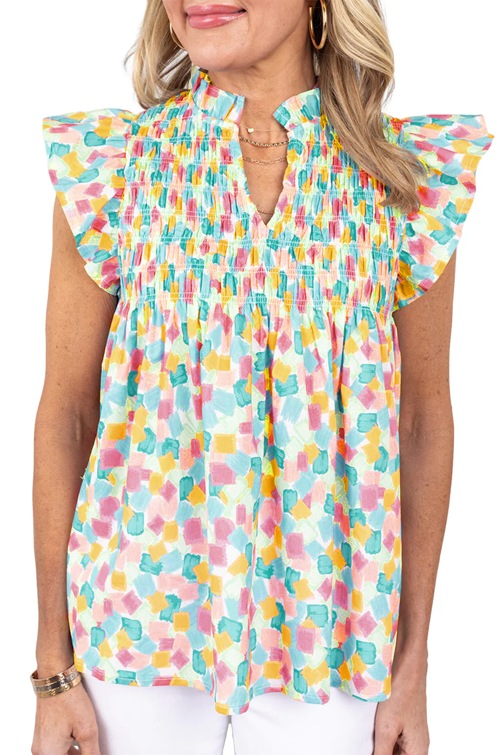 Shirred Yoke Ruffled Abstract Printed Blouse