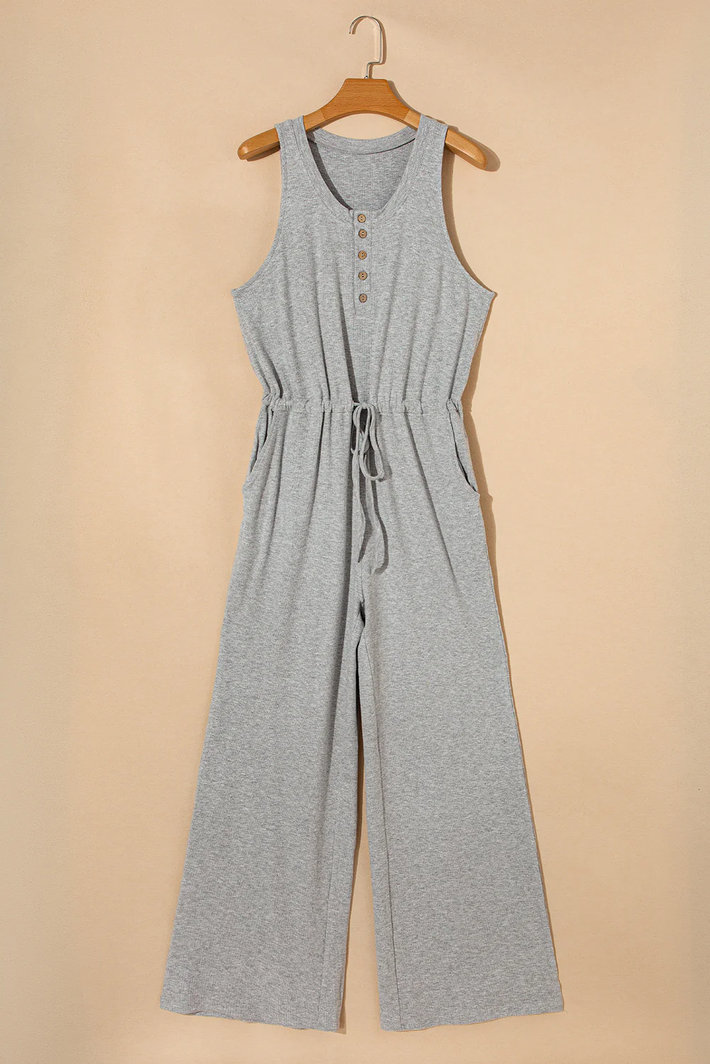 Ribbed Knit Buttons Drawstring Sleeveless Jumpsuit