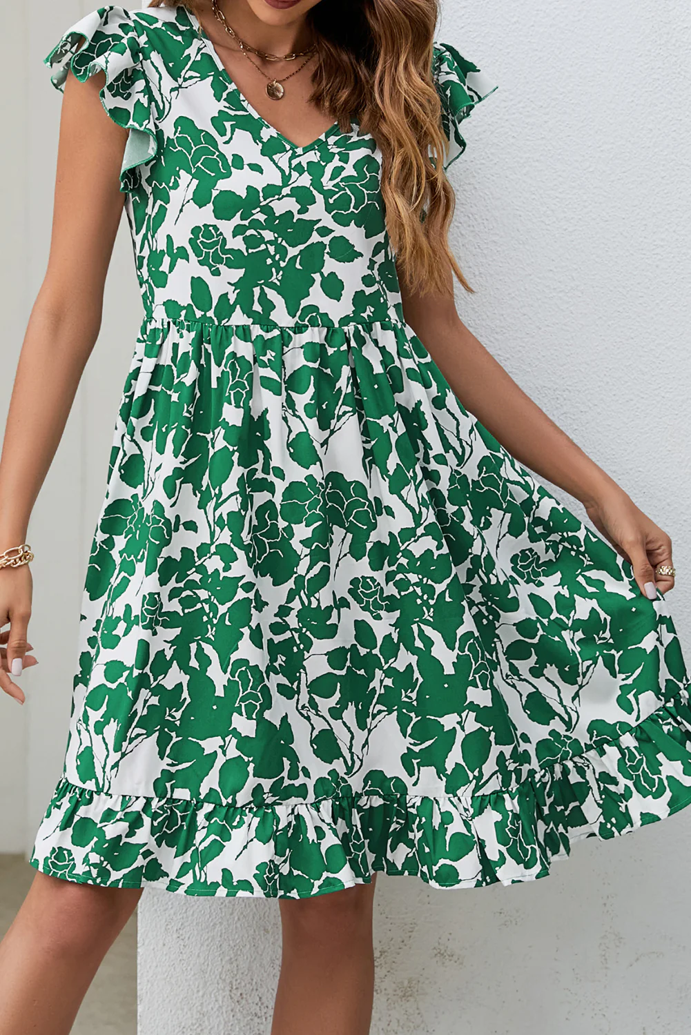 Leaf Print V Neck Flutter Sleeve Dress
