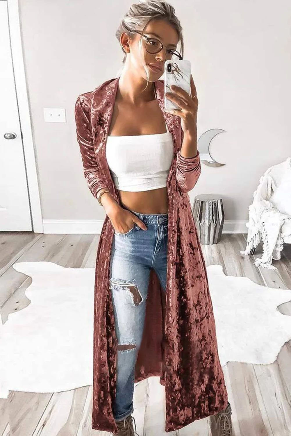 Open Front Duster Velvet Cardigan