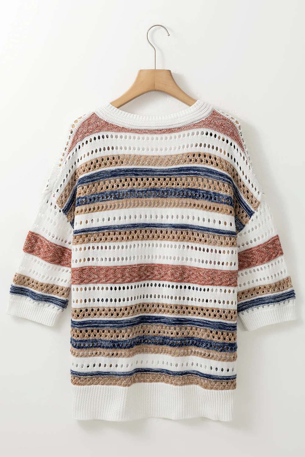 Striped Hollow Out Half Sleeve Knitted Sweater