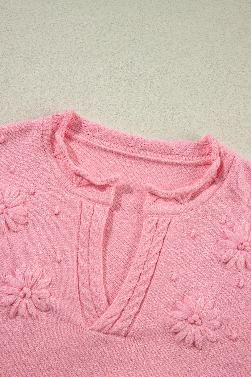 Flower Knitted Notched Neck Sweater