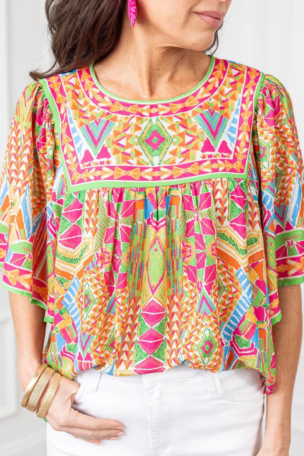 Geometric Print Bell Sleeve O Neck Babydoll Blouse