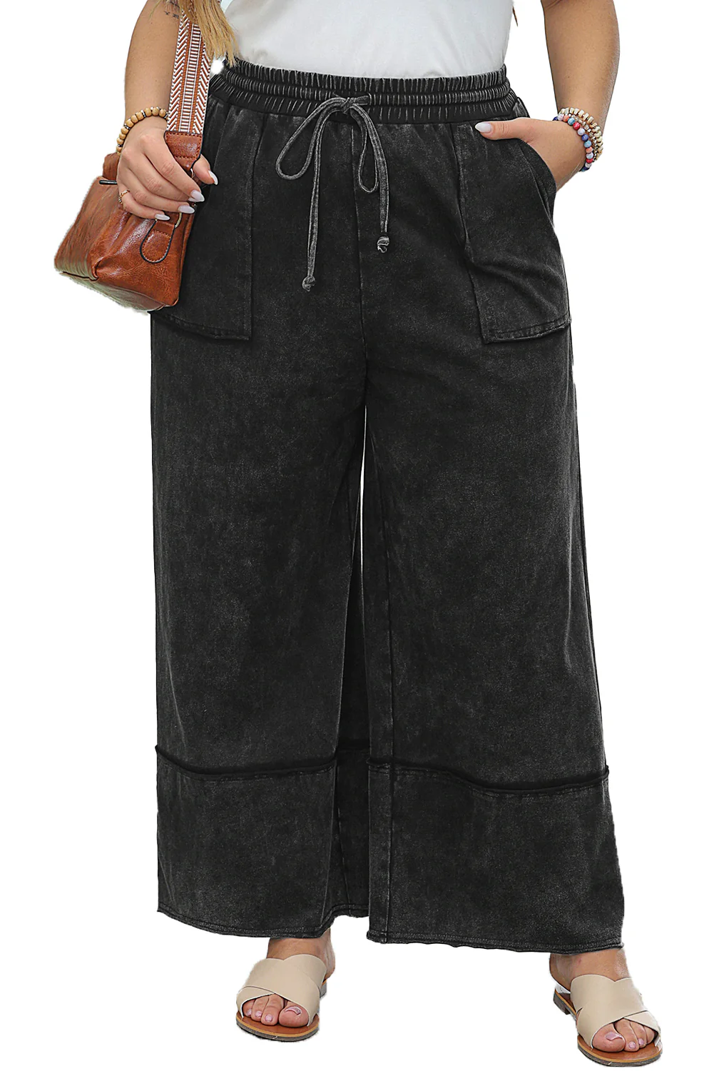 Plus Mineral Wash Exposed Seam Wide Leg Cropped Pants
