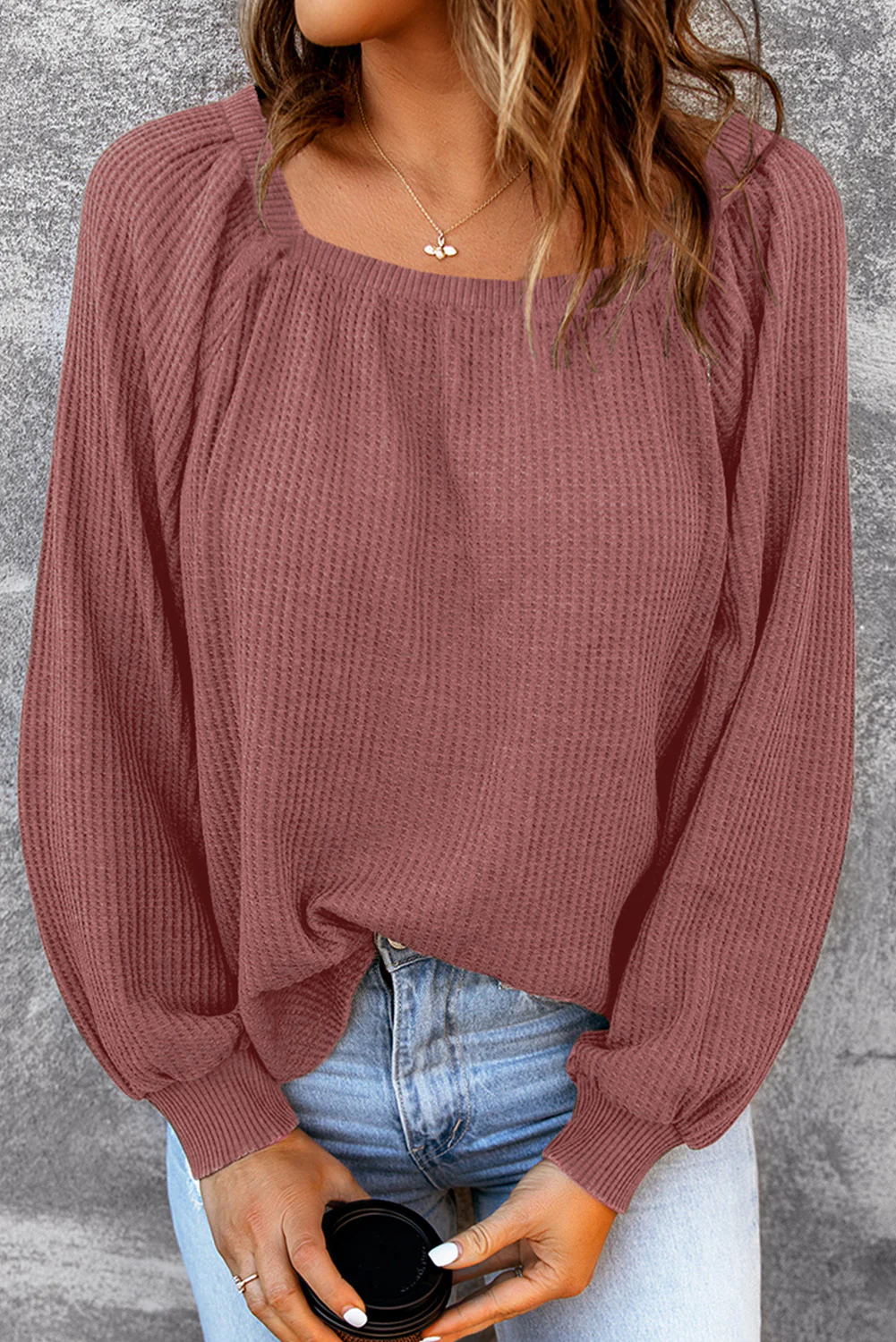 Scoop Neck Puff Sleeve Waffle Knit Top