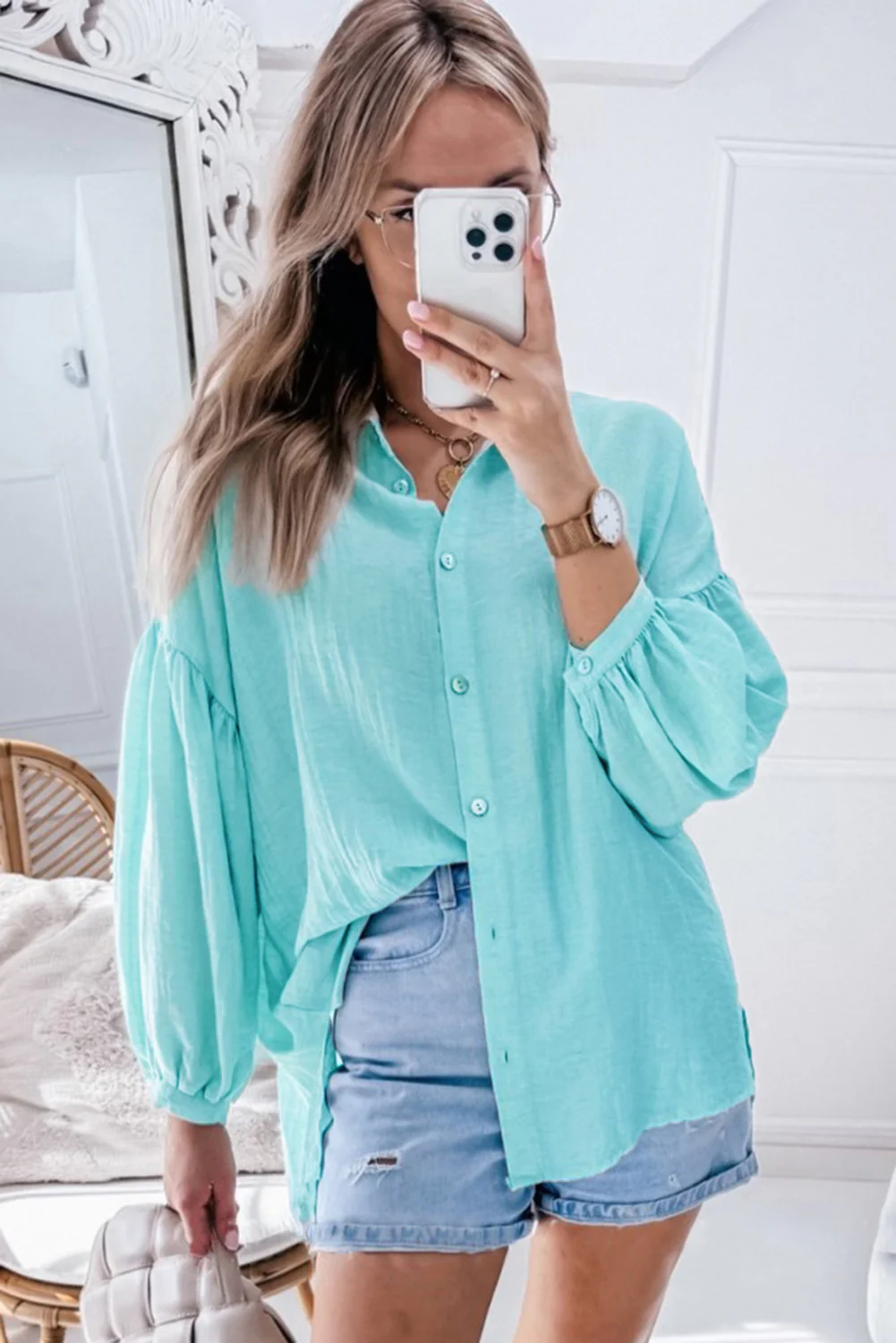 Solid Puff Sleeve Loose Fit Buttoned Shirt