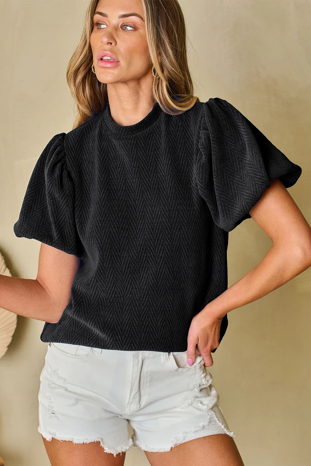 Solid Textured Puff Sleeve Mock Neck Blouse