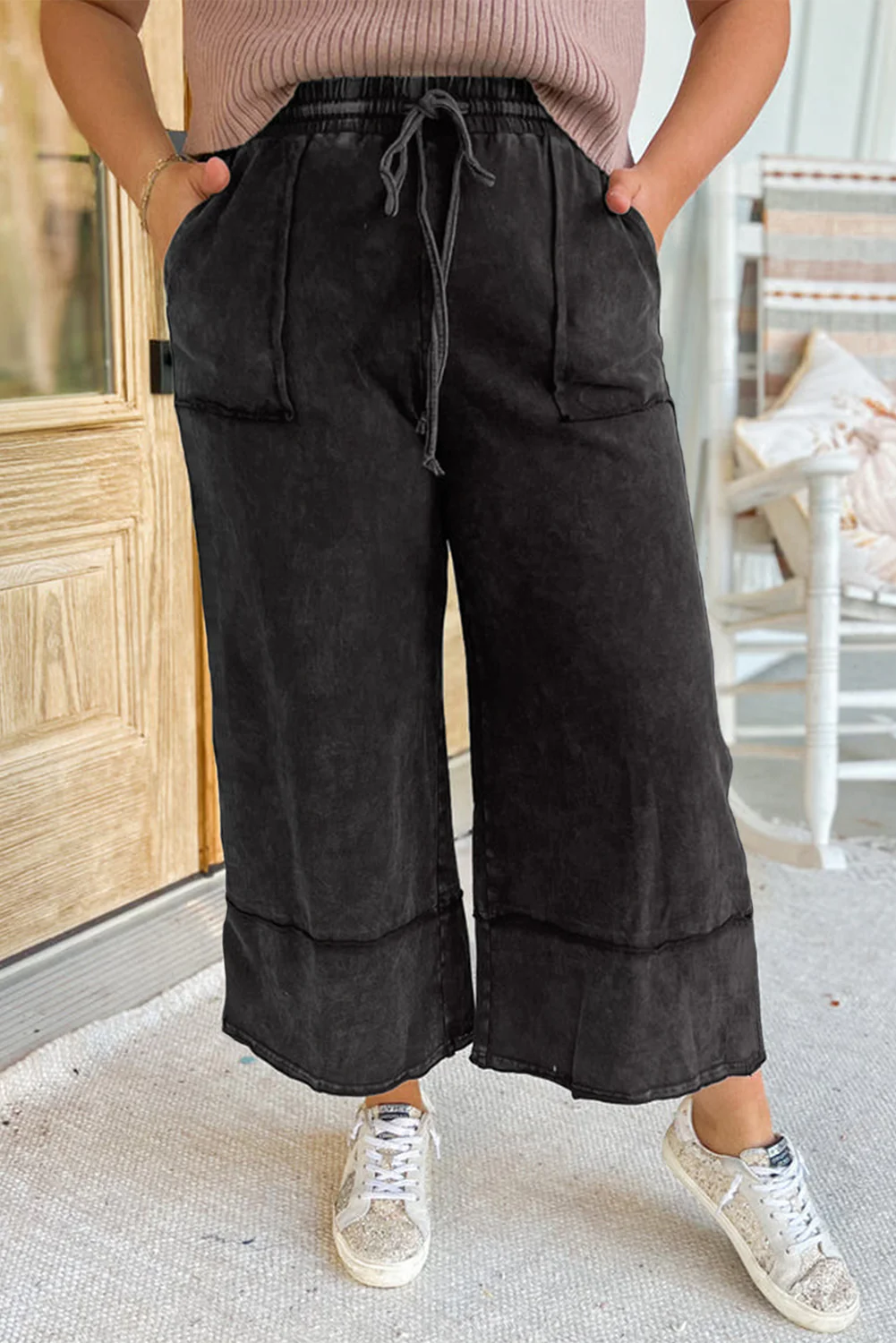 Plus Mineral Wash Exposed Seam Wide Leg Cropped Pants