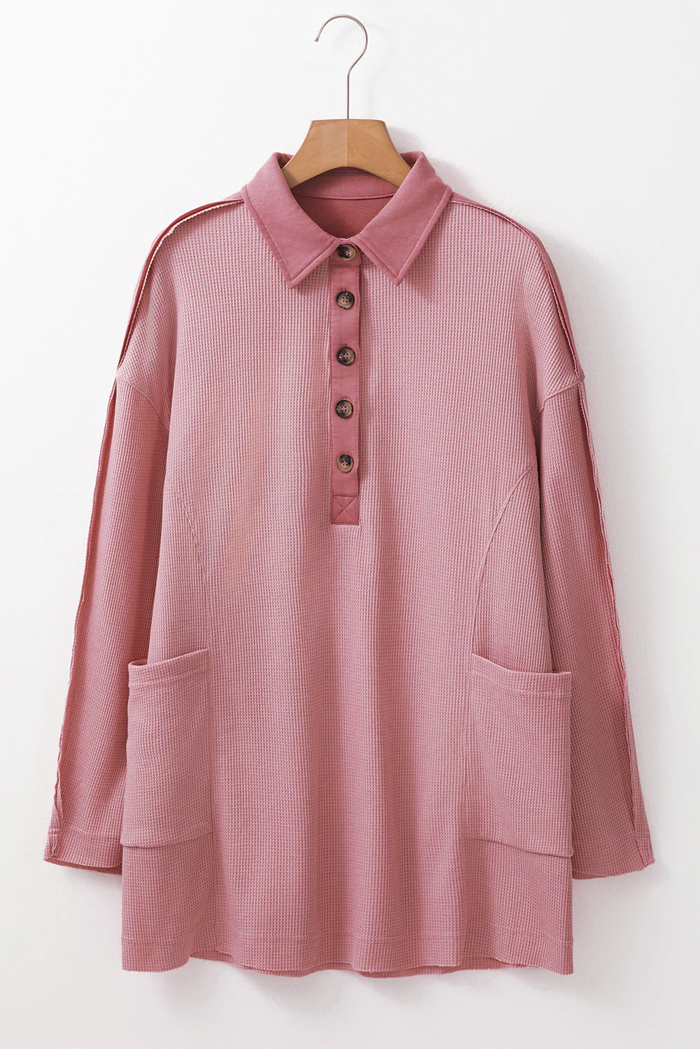 Waffle Long Sleeve Collar Half Button Loose Top