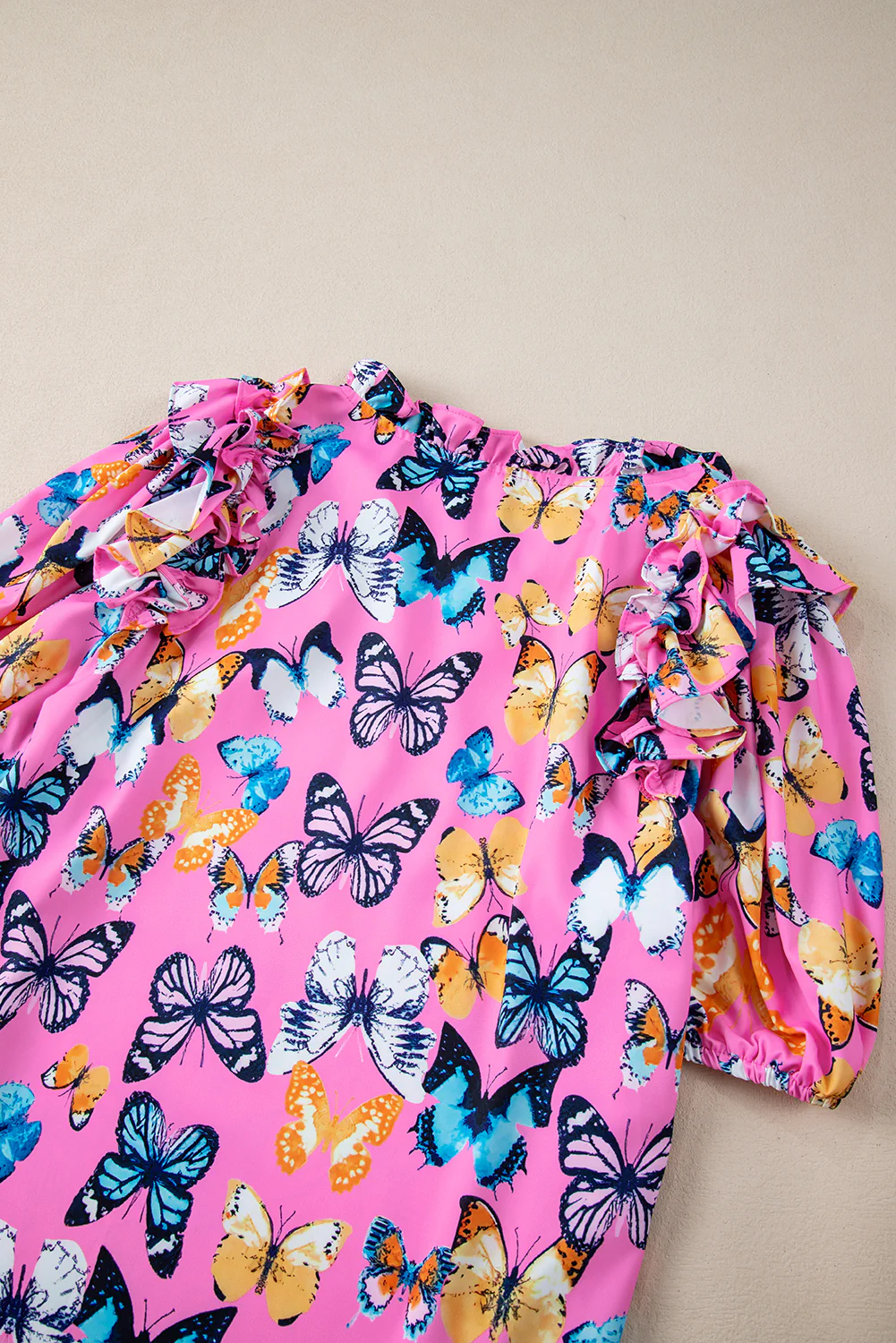Butterfly Print Ruffled Puff Sleeve Tied V Neck Blouse