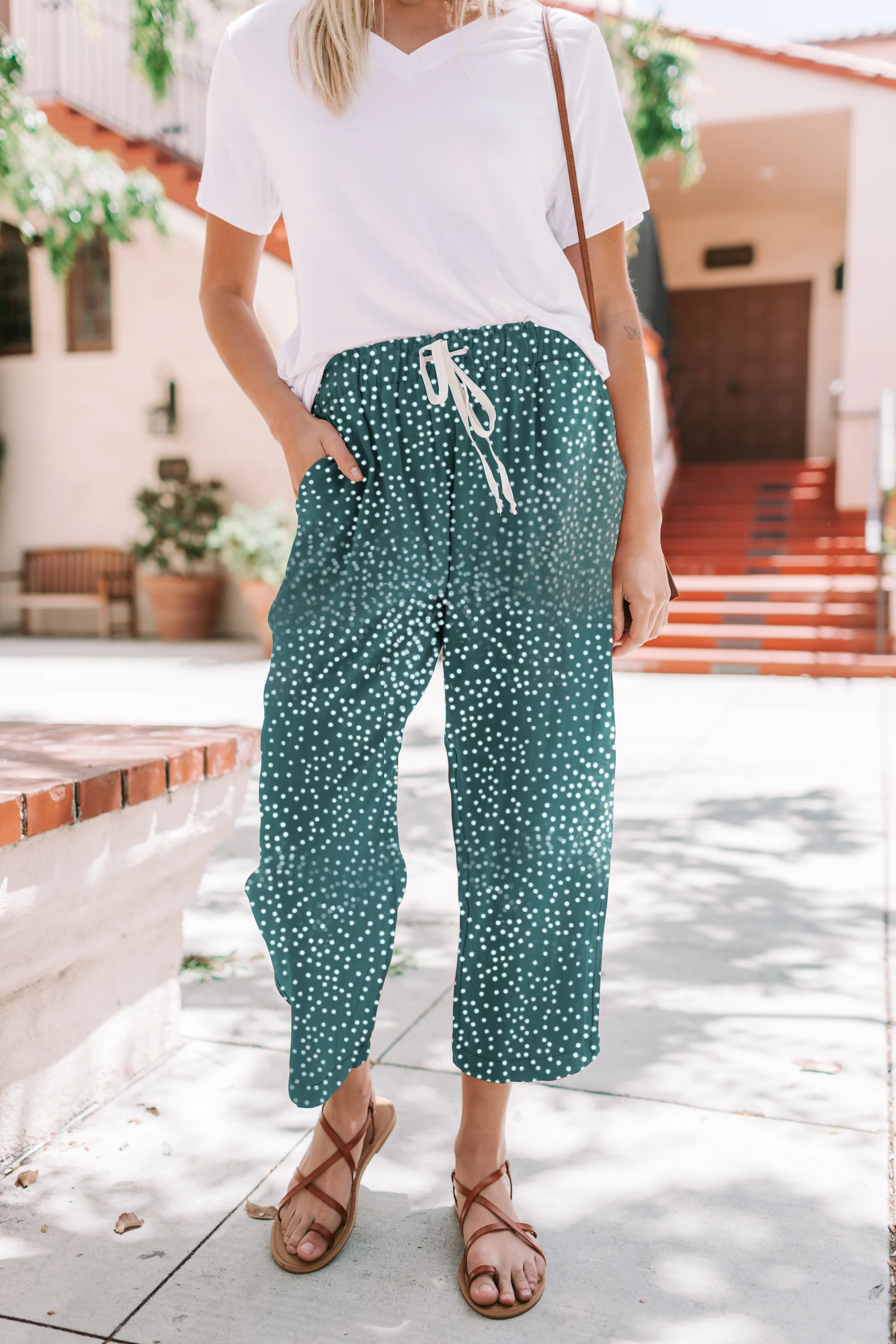 Dot Print Casual Loose Tie Waist Cropped Straight Leg Pants