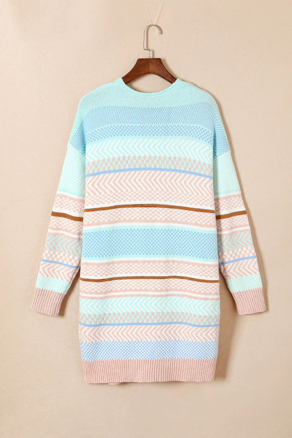 Striped Printed Knitted Open Front Cardigan