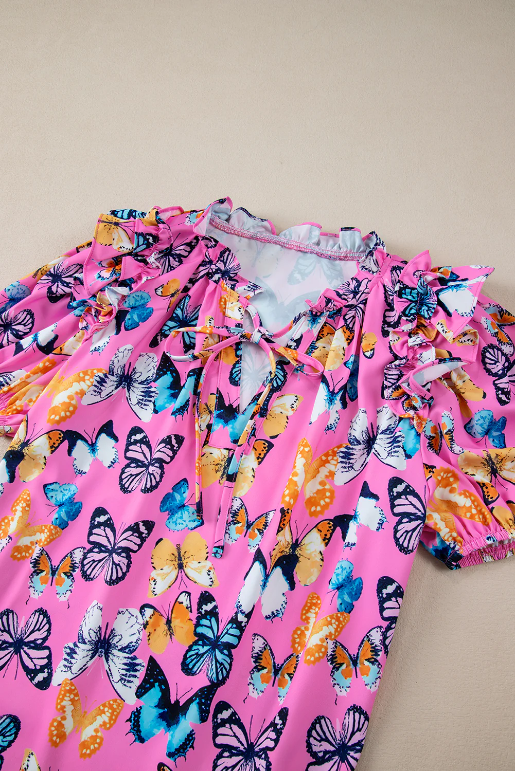 Butterfly Print Ruffled Puff Sleeve Tied V Neck Blouse