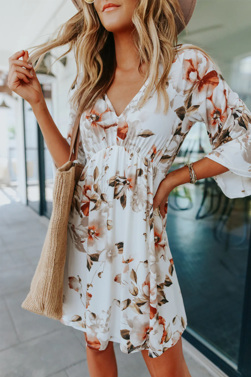 Neck 3/4 Sleeve Floral Dress