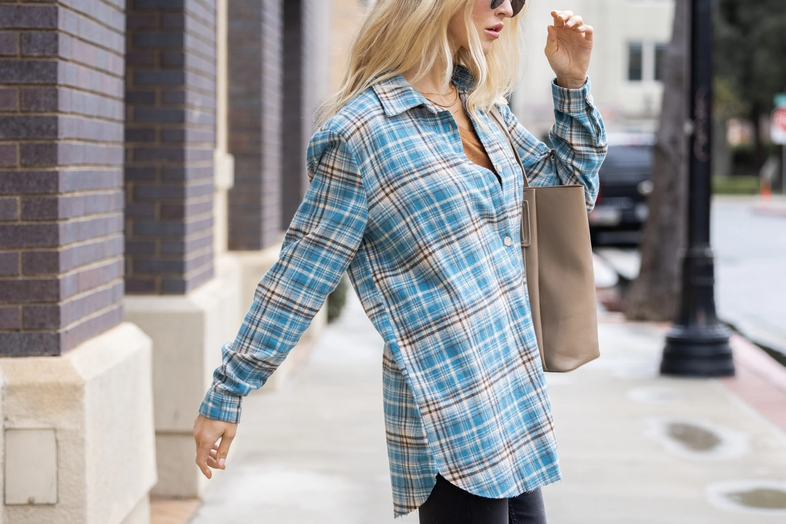 Teal Plaid Boyfriend Shirt With Raw Hem